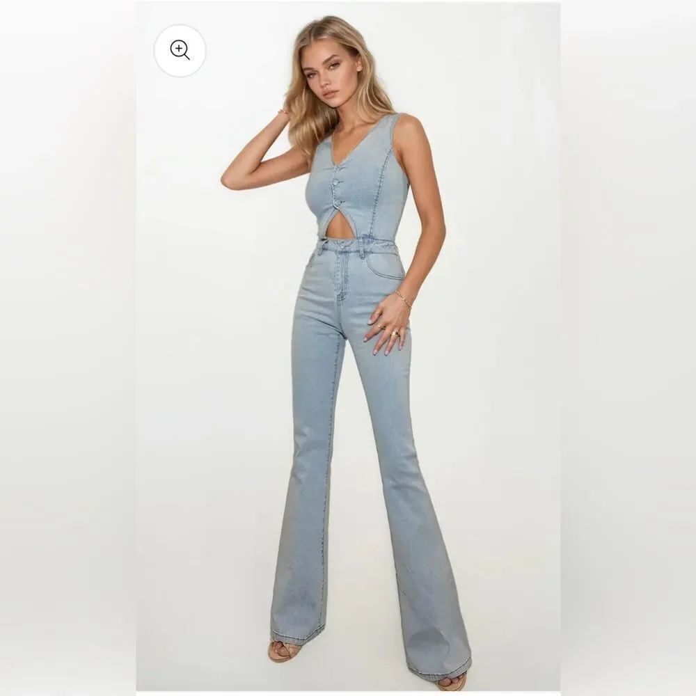 Wisteria Lane denim cut out sleeveless high waist bootcut jumpsuit